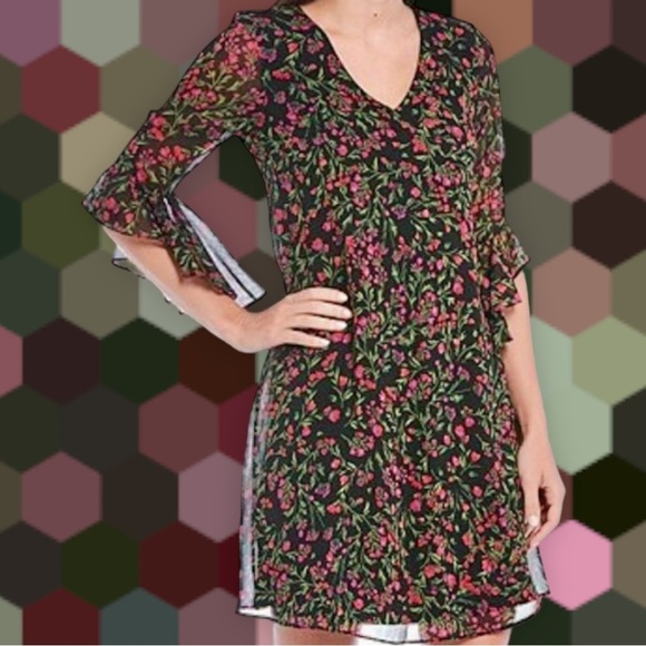NWOT Calvin Klein Black / Pink Floral Bell Sleeve Chiffon Overlay Shift Dress 4 - Picture 1 of 14